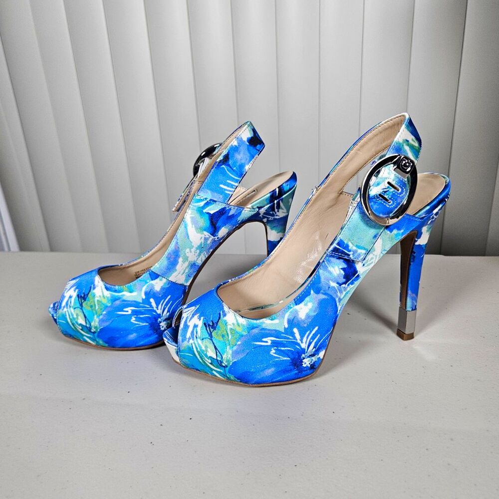 GUESS Blue Floral Peep Toe Slingback Heels Textile Buckle Ankle Strap Sz 7 M